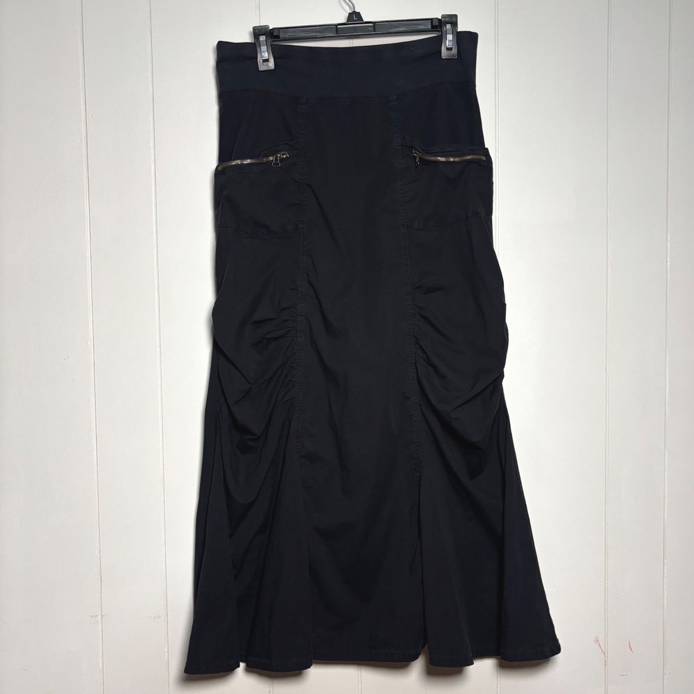 XCVI Wearables Shirred Black Ruched Cargo Maxi Skirt Cotton Poplin Size S